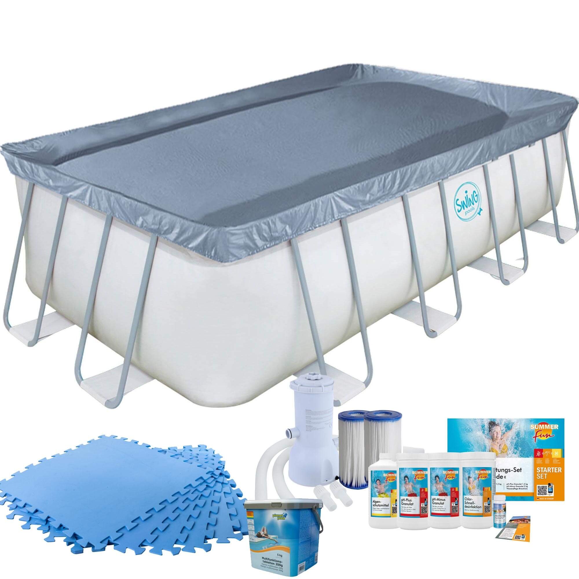 Frame Pool mit Kartuschenfilter, Bodenschutzmatten blau und Starter Set Wasserpflege