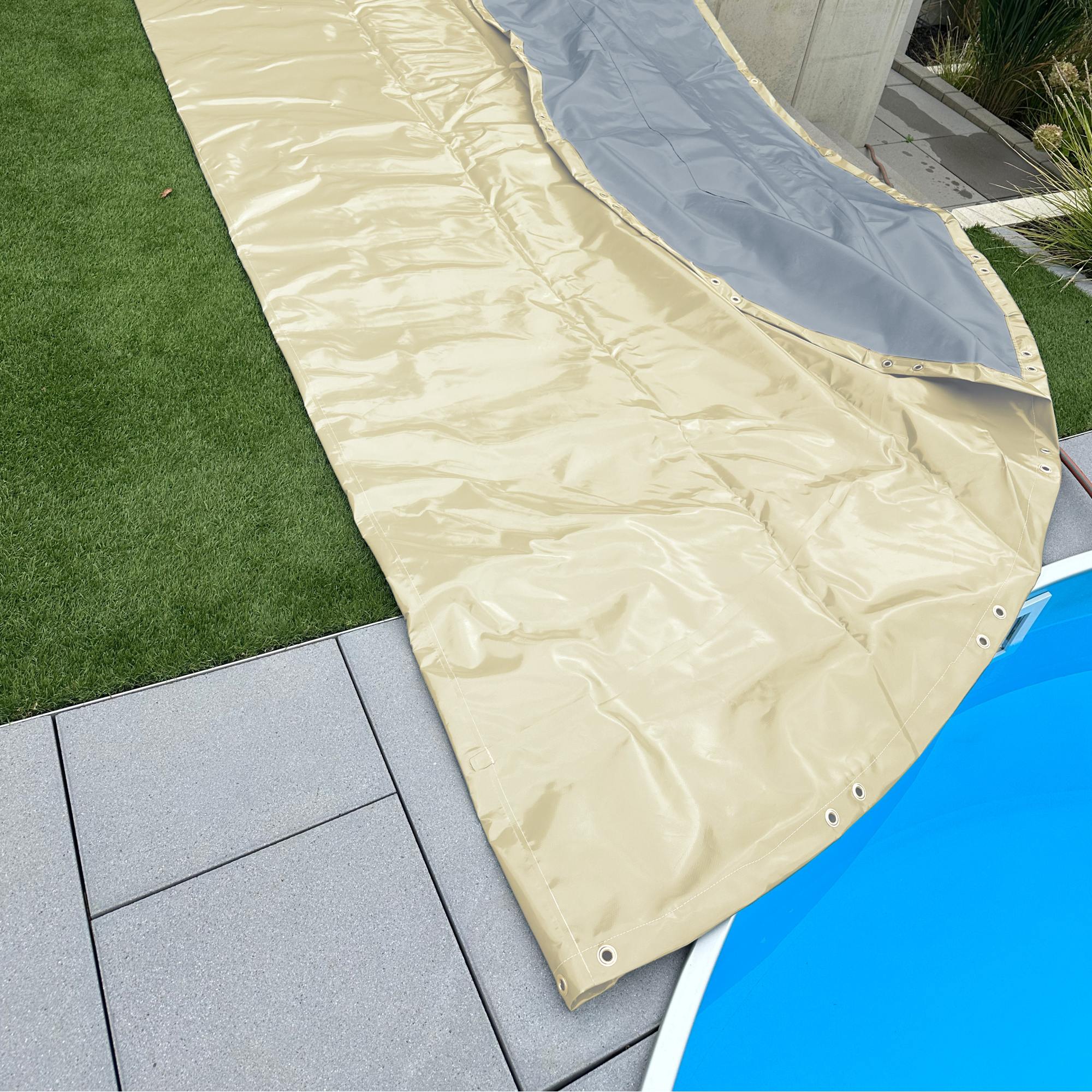 Luftkissen Poolabdeckung, oval 700 x 350 cm beige mit Ösen und Spannseil, aufblasbare Abdeckplane