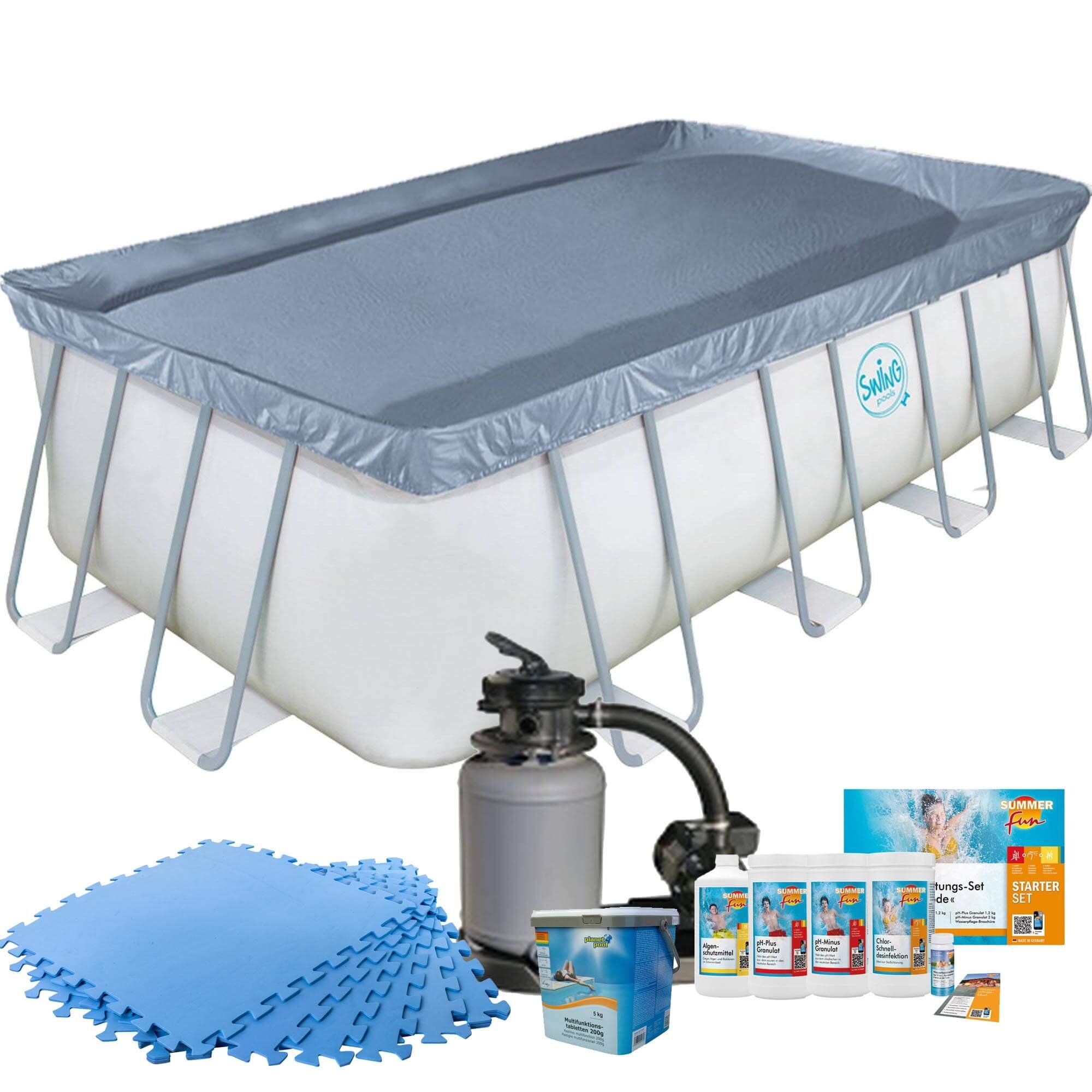 Frame Pool mit Sandfilter, Bodenschutzmatten blau und Starter Set Wasserpflege