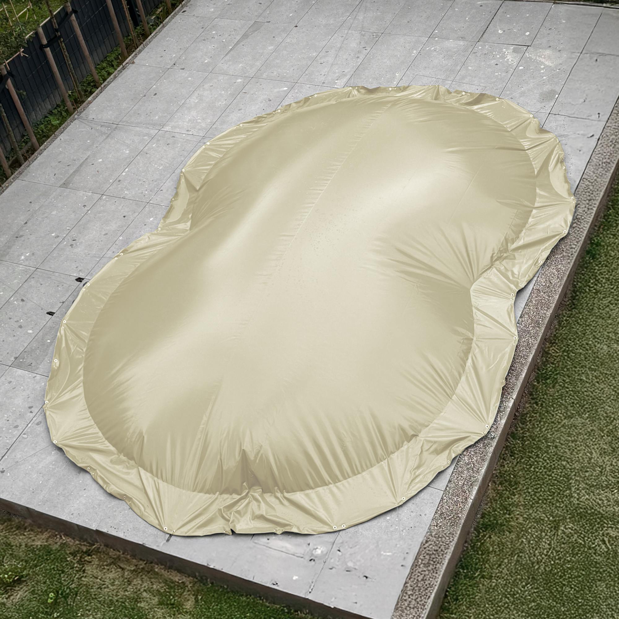 Luftkissen Poolabdeckung, achtform 470 x 300 cm beige mit Ösen und Spannseil, aufblasbare Abdeckplane