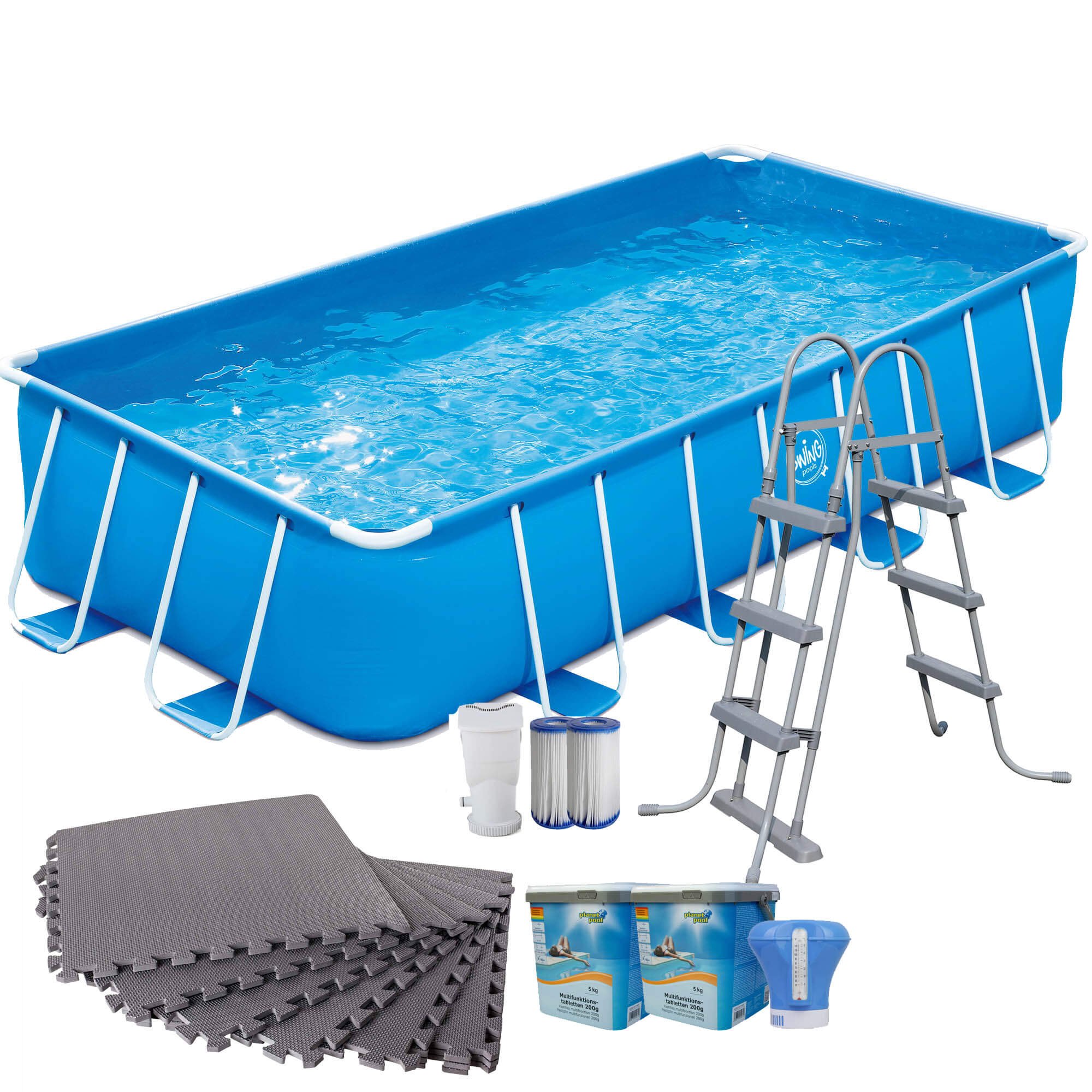 Bestway Frame Pool blau rechteckig 488 x 244 x 107cm Komplettset mit Bodenschutzmatten grau 8mm