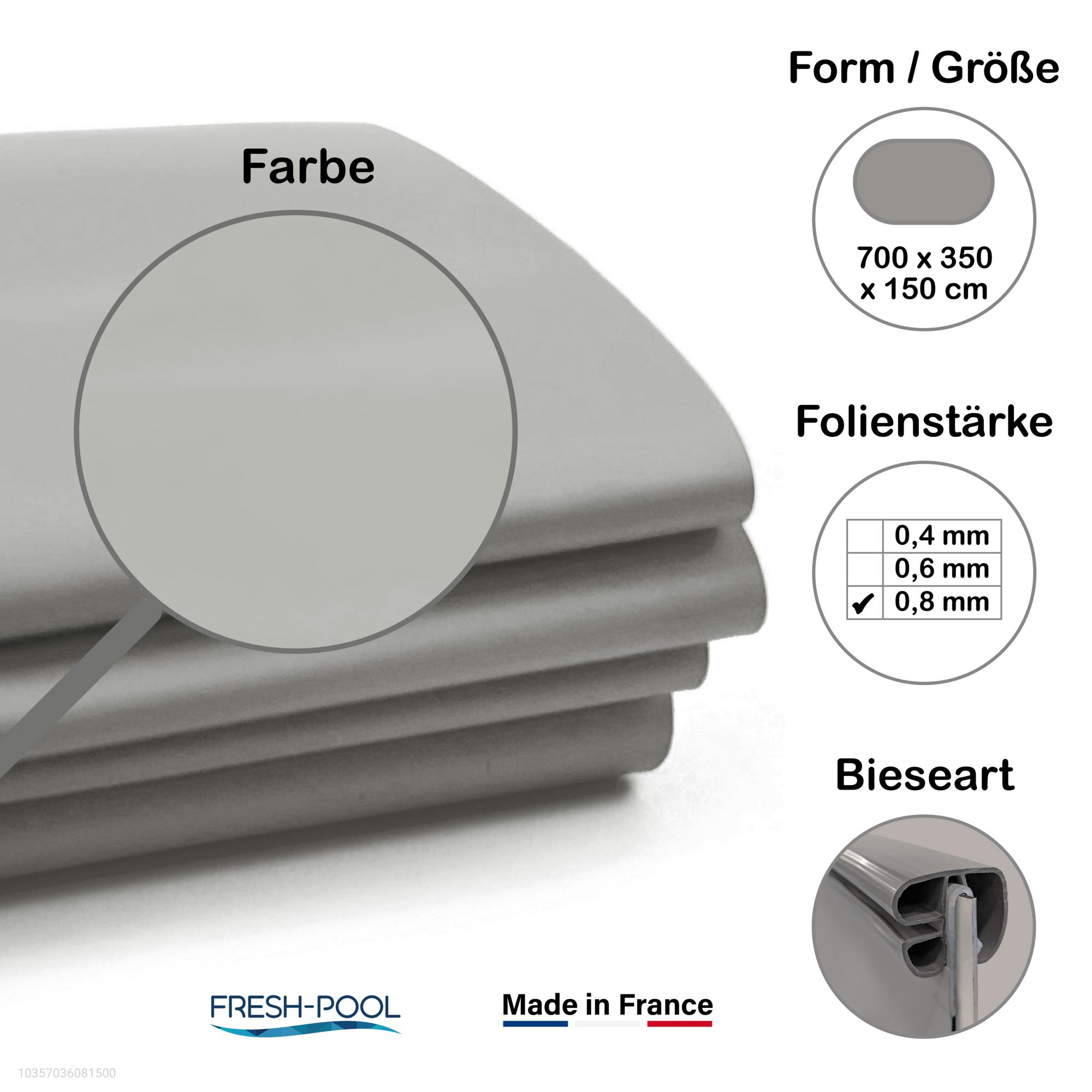 Fresh-Pool Profi Poolfolie für Ovalpool, 700 x 350 x 150 cm, Stärke: 0,8 mm, grau, Einhängebiese