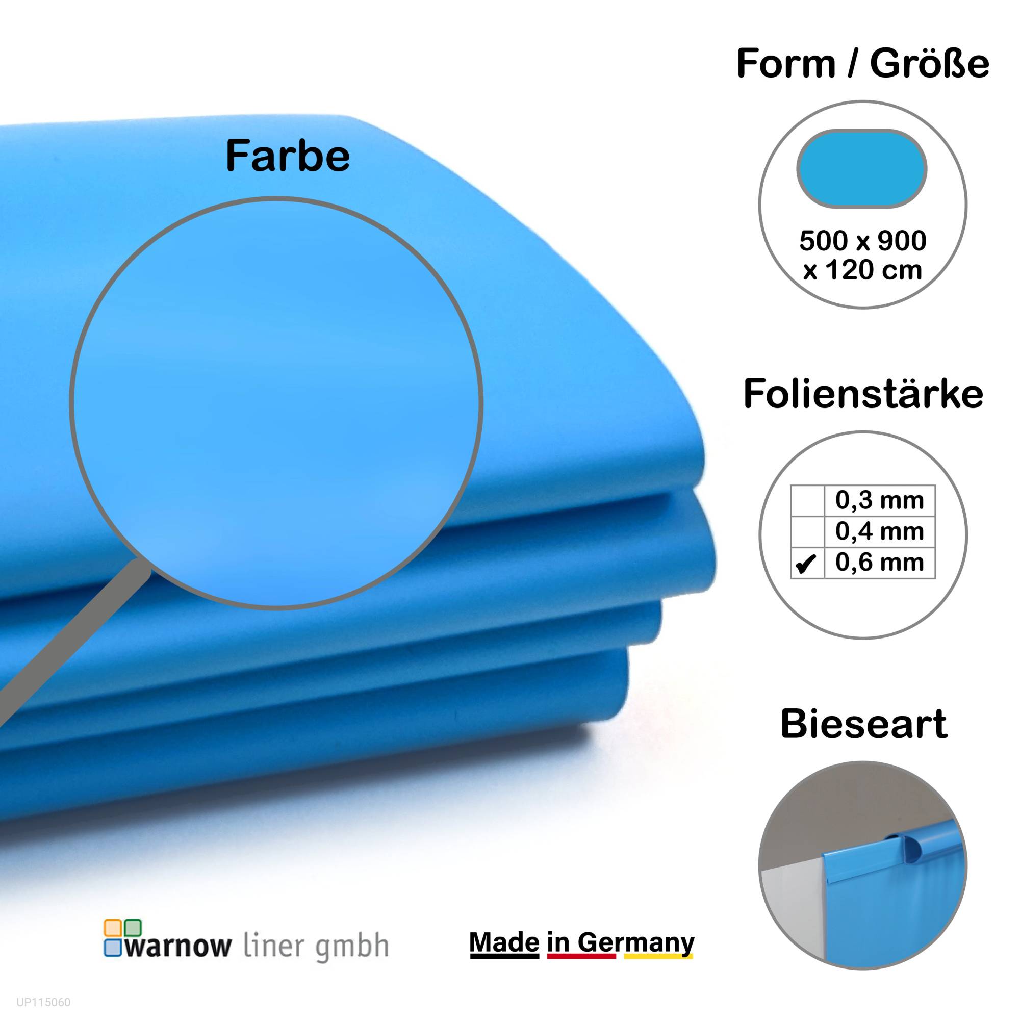 Premium Poolfolie für Ovalpool, 900 cm x 500 cm x 120 cm, Stärke: 0,6 mm, blau, Einhängebiese