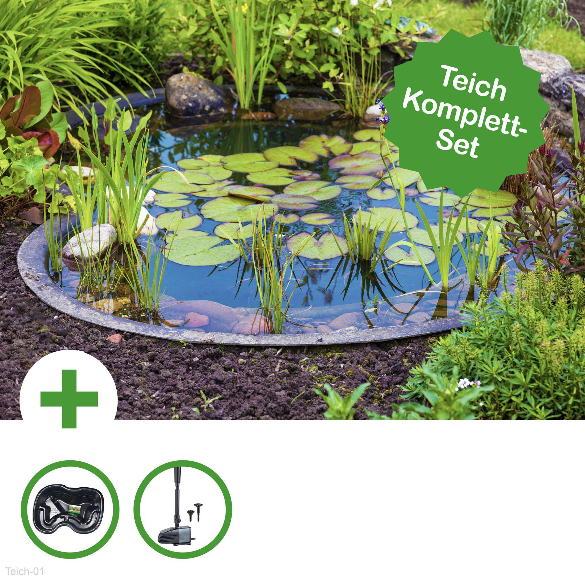 TEICH SET KLEINER FERTIGTEICH 120 LITER BECKEN MIT WASSERSPIELPUMPE