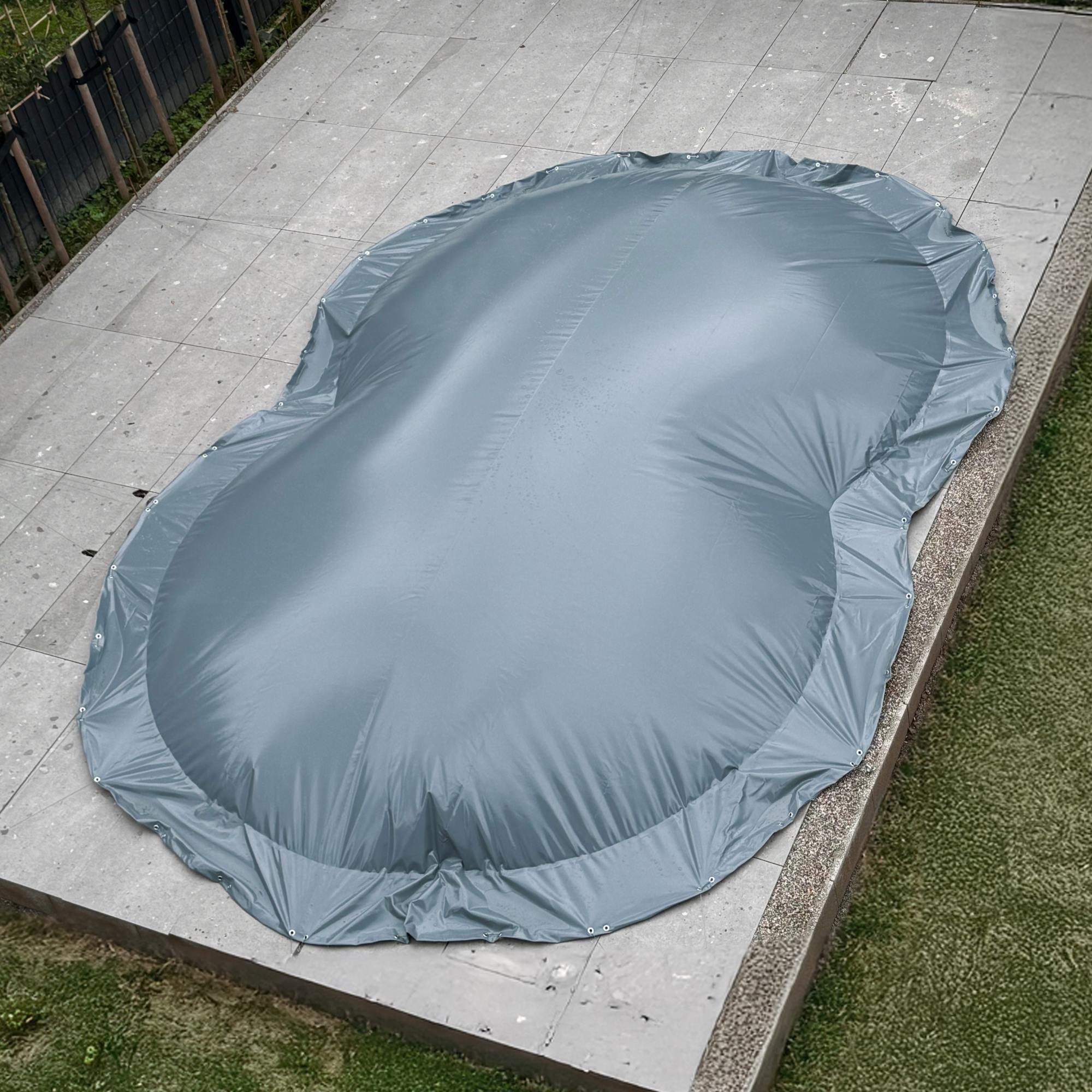 Luftkissen Poolabdeckung, aufblasbare Abdeckplane achtform 725 x 460 cm grau mit Ösen und Spannseil