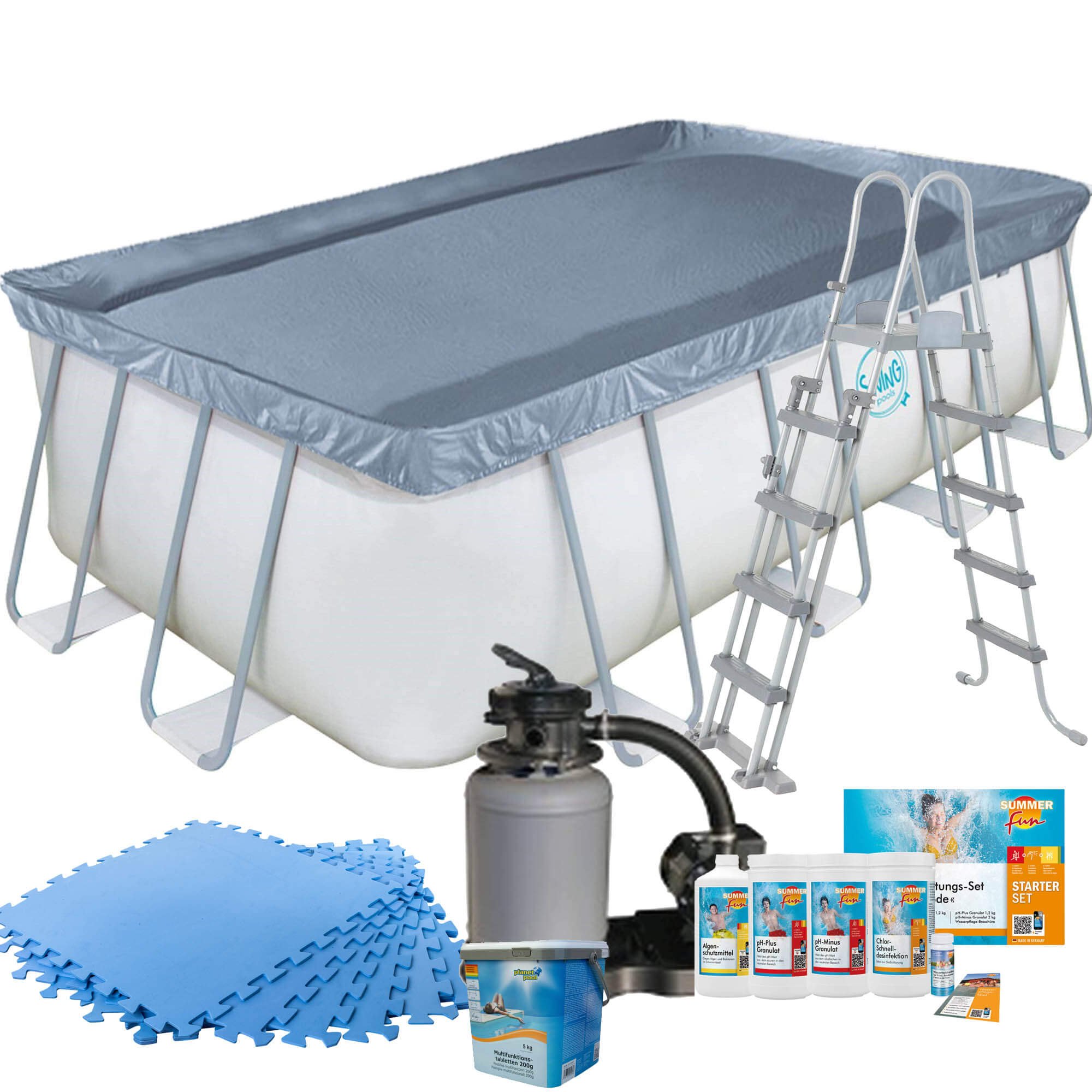 Frame Pool mit Sandfilter, Bodenschutzmatten blau, Leiter und Starter Set Wasserpflege