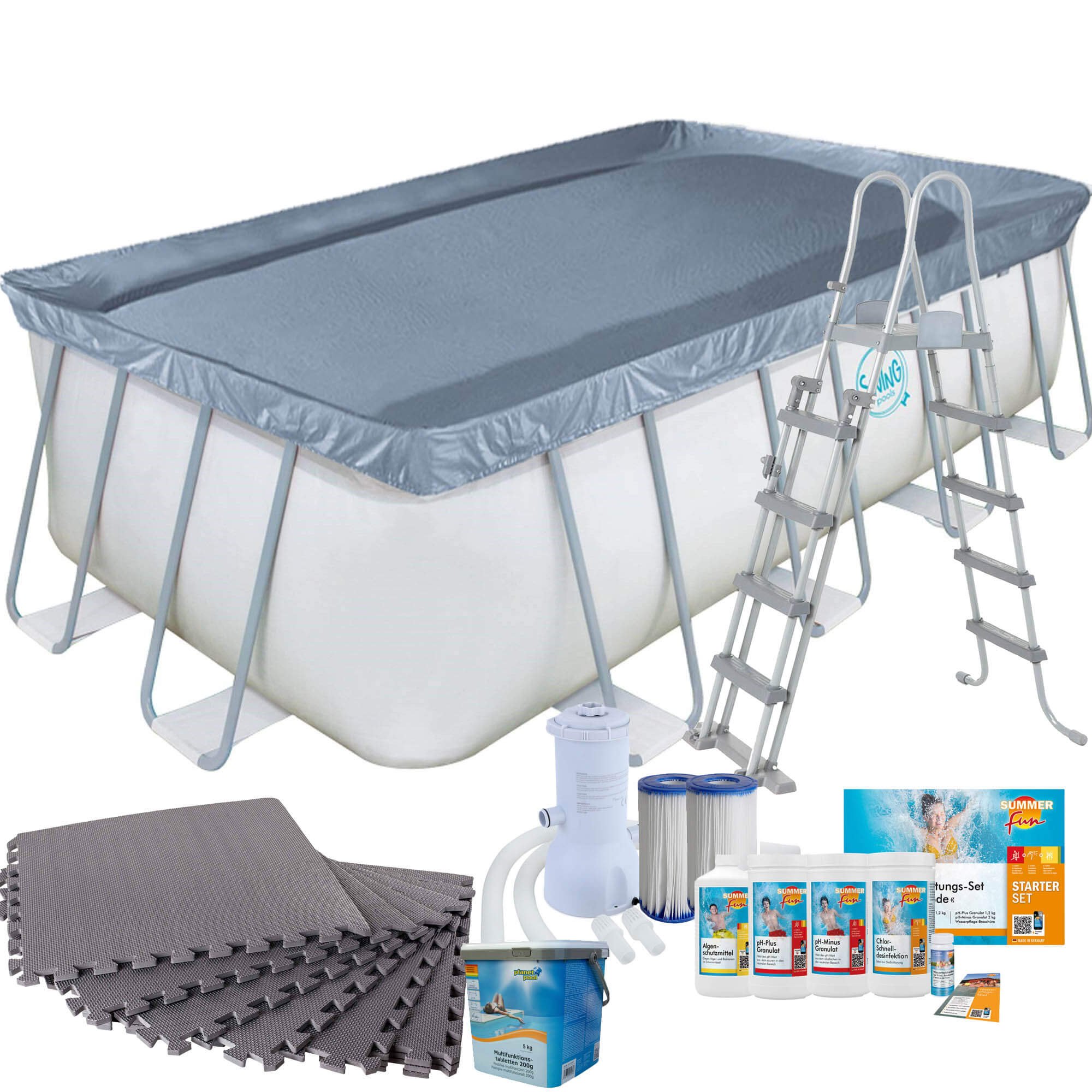 Frame Pool mit Kartuschenfilter, Bodenschutzmatten grau, Leiter und Starter Set Wasserpflege