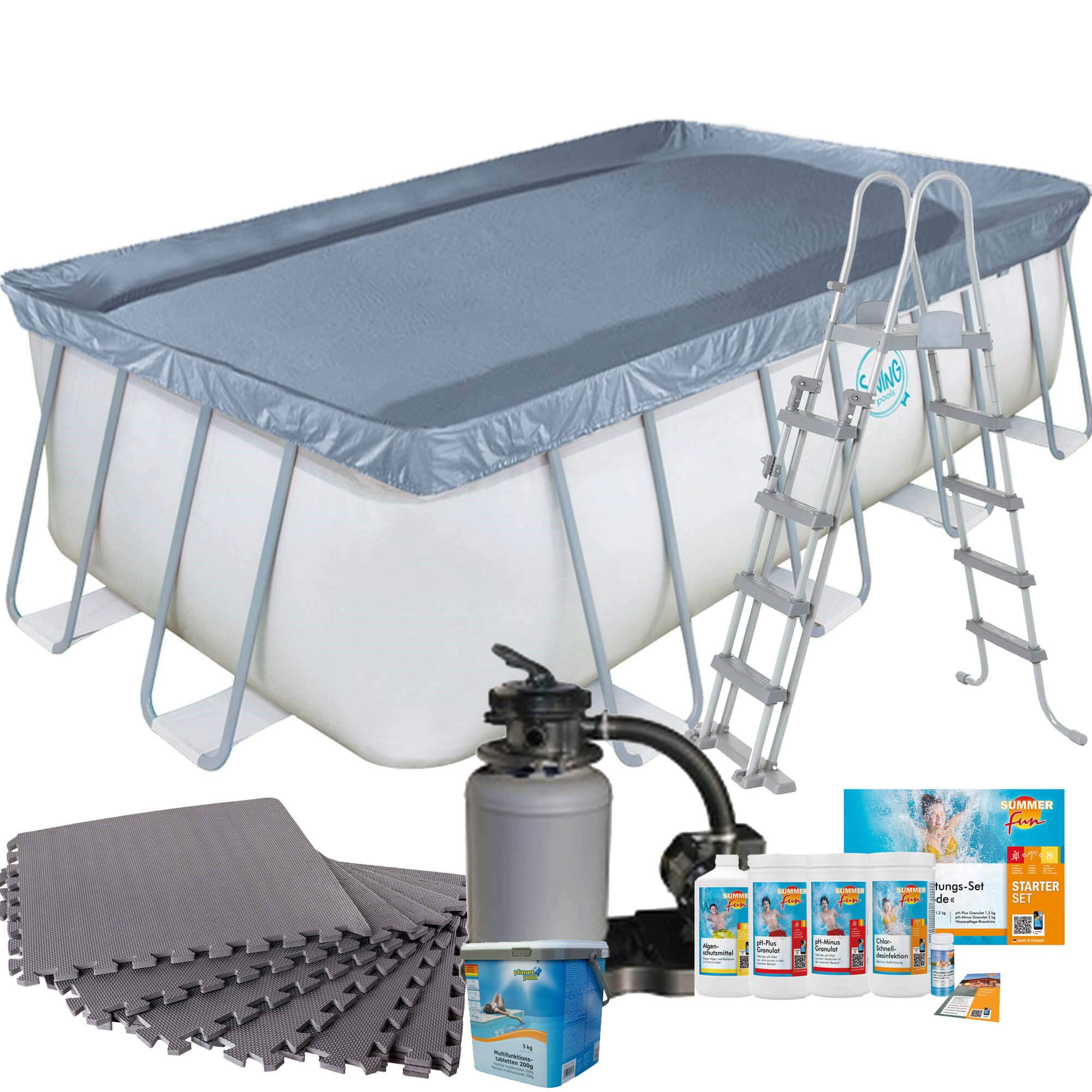 Frame Pool mit Sandfilter, Bodenschutzmatten grau, Leiter und Starter Set Wasserpflege