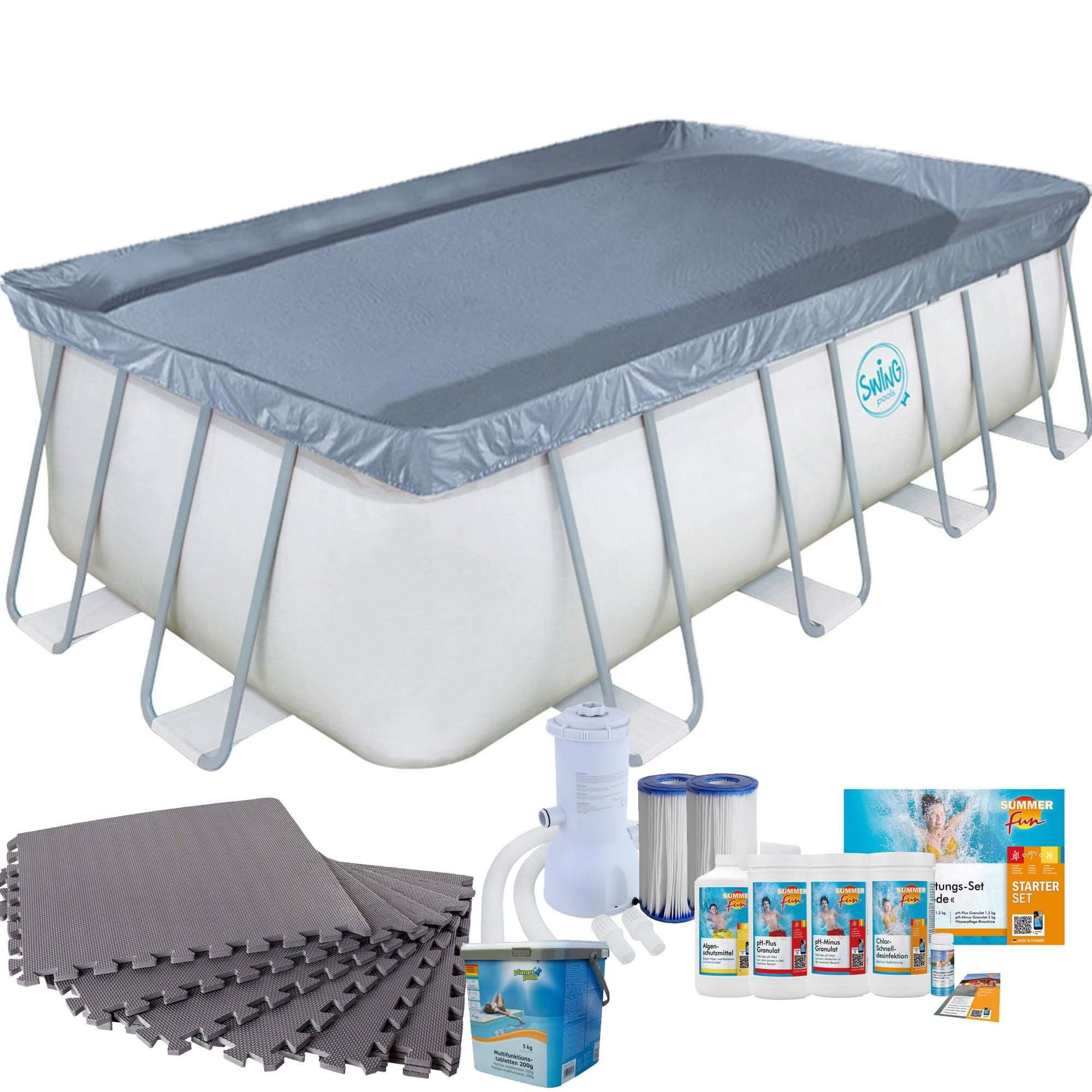 Frame Pool mit Kartuschenfilter, Bodenschutzmatten grau und Starter Set Wasserpflege