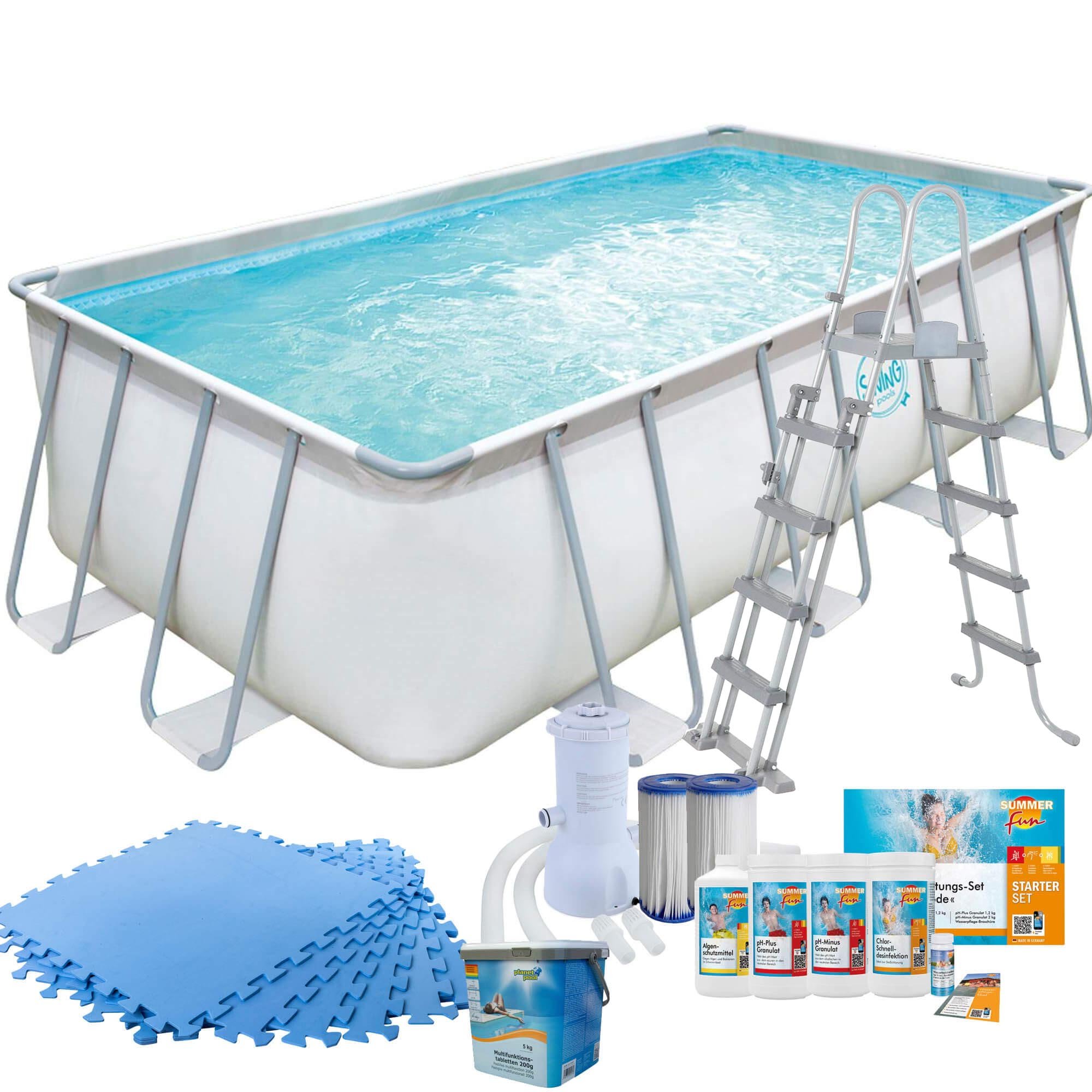 Polygroup Summer Waves Frame Pool mit Kartuschenfilter, Bodenschutzmatten blau, mit Leiter und Starter Set Wasserpflege