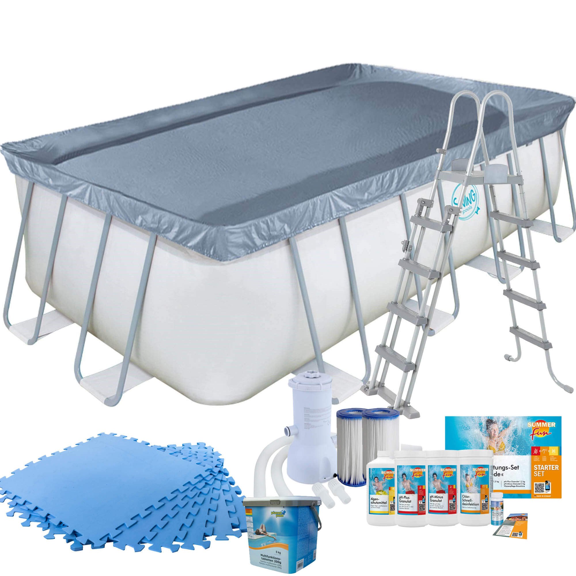 Frame Pool mit Kartuschenfilter, Bodenschutzmatten blau, mit Leiter und Starter Set Wasserpflege