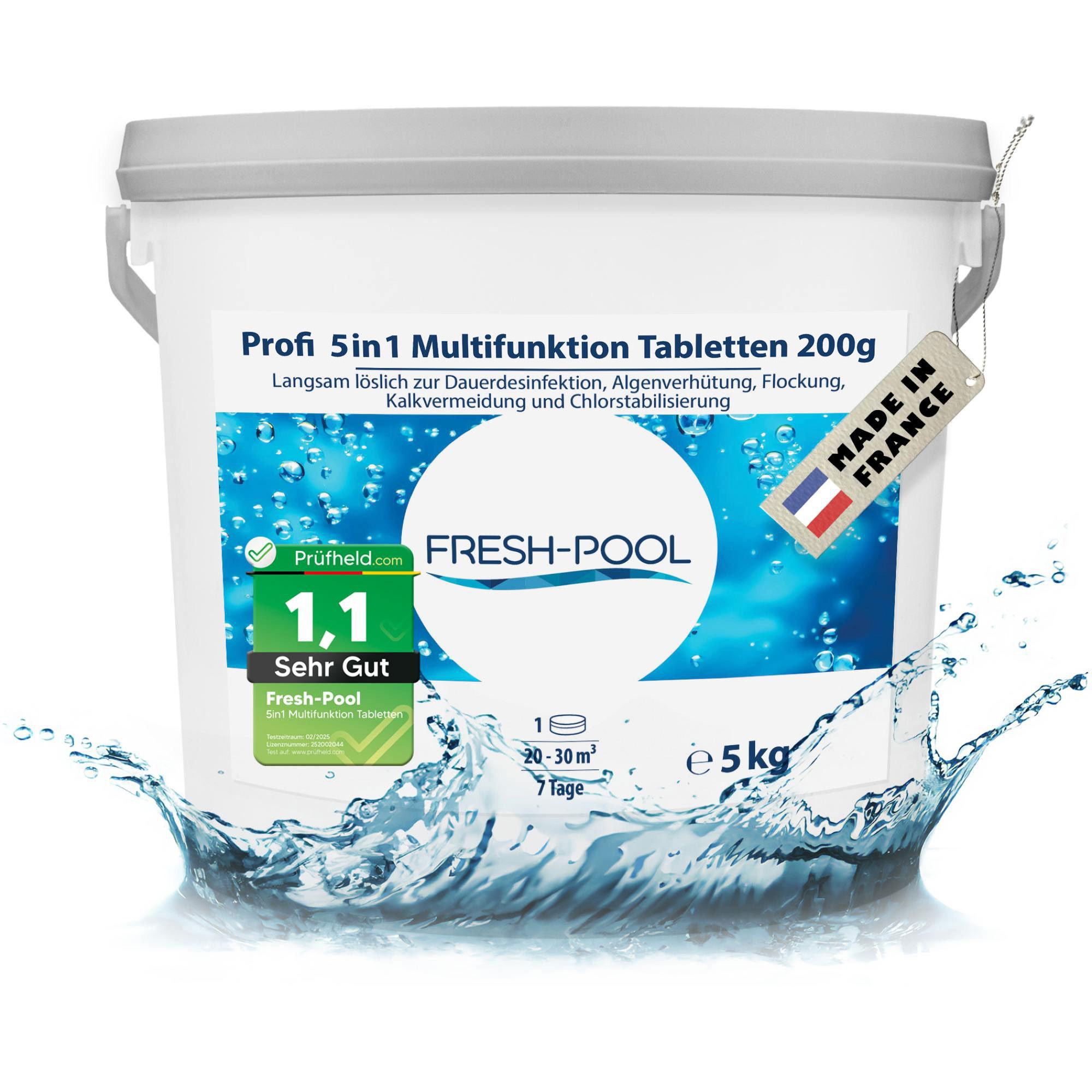 Fresh-Pool Profi 5in1 Multifunktion Tabletten 200g 5 kg - Chlortabletten für Pool mit Algizid und Flockung | Multifunktionstabletten | Multitabs 5 in 1 200g