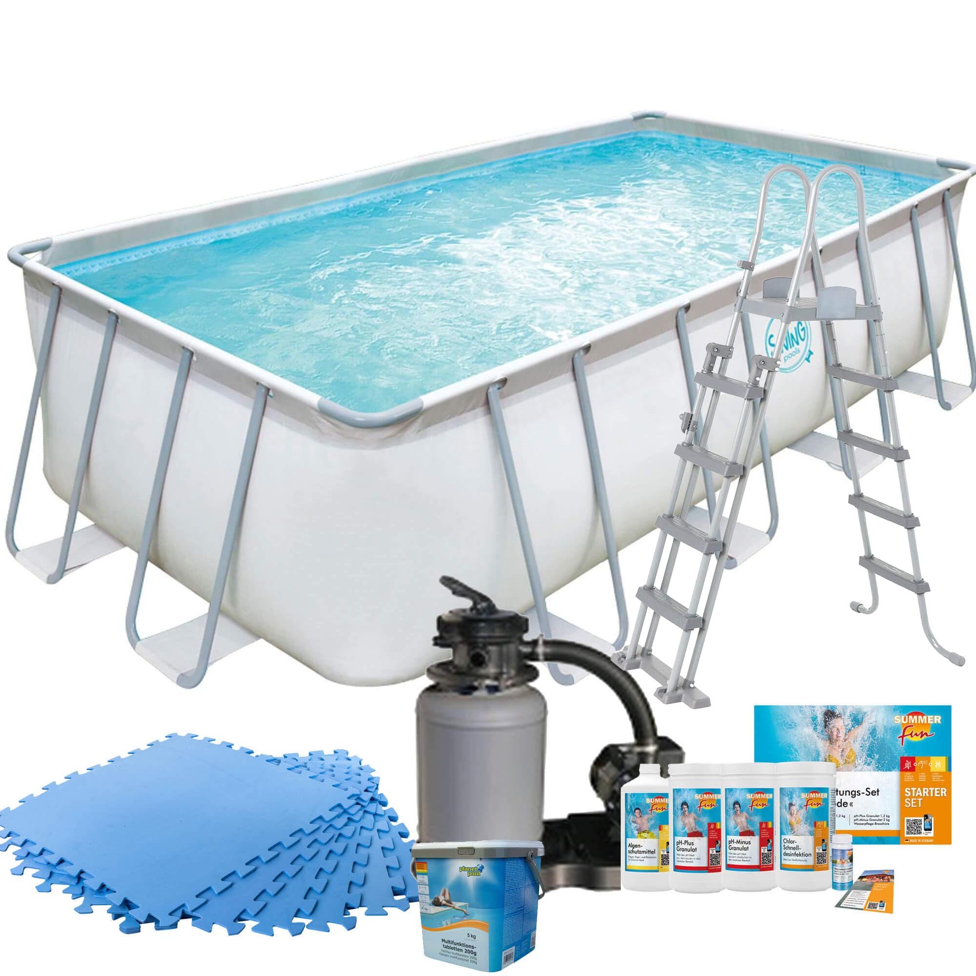 Polygroup Summer Waves Frame Pool mit Sandfilter, Bodenschutzmatten blau, Leiter und Starter Set Wasserpflege