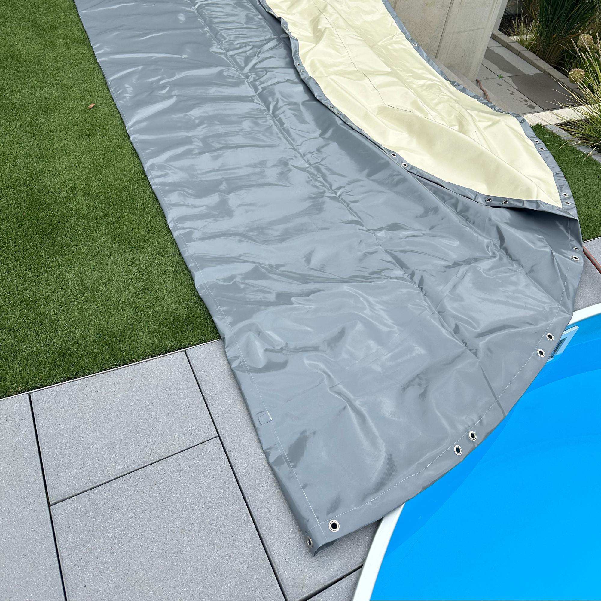 Luftkissen Poolabdeckung, aufblasbare Abdeckplane oval 490 x 300 cm grau mit Ösen und Spannseil