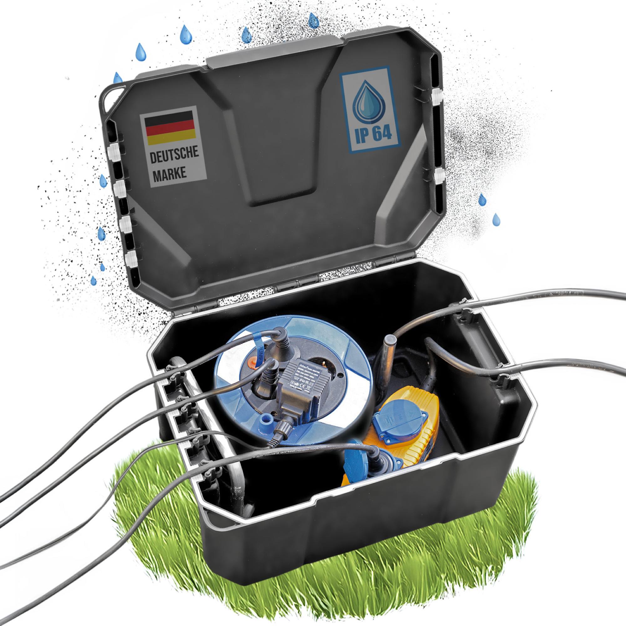 Heissner Power-Box Stromverteilerbox, Kabelbox, IP64 für Garten, Beleuchtung, Pool, Handwerk, Weihnachtsbeleuchtung